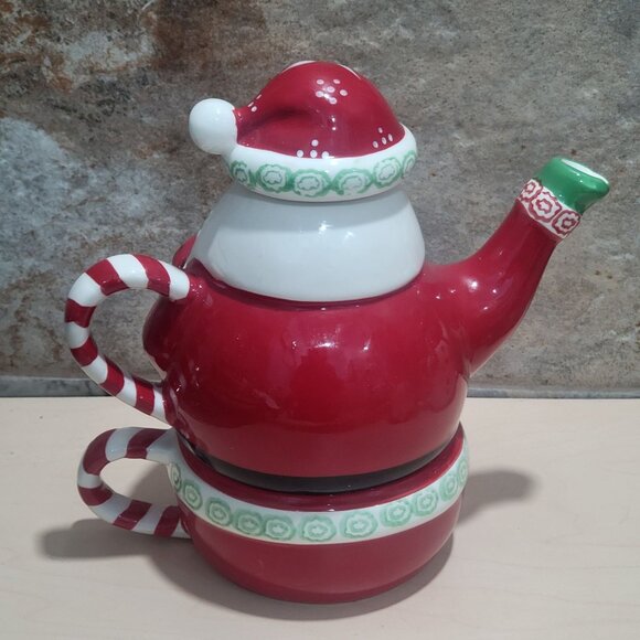 Temptations by Tara 3 Piece Ceramic Stacking Santa Teapot Mug Cup Set - Picture 2 of 12